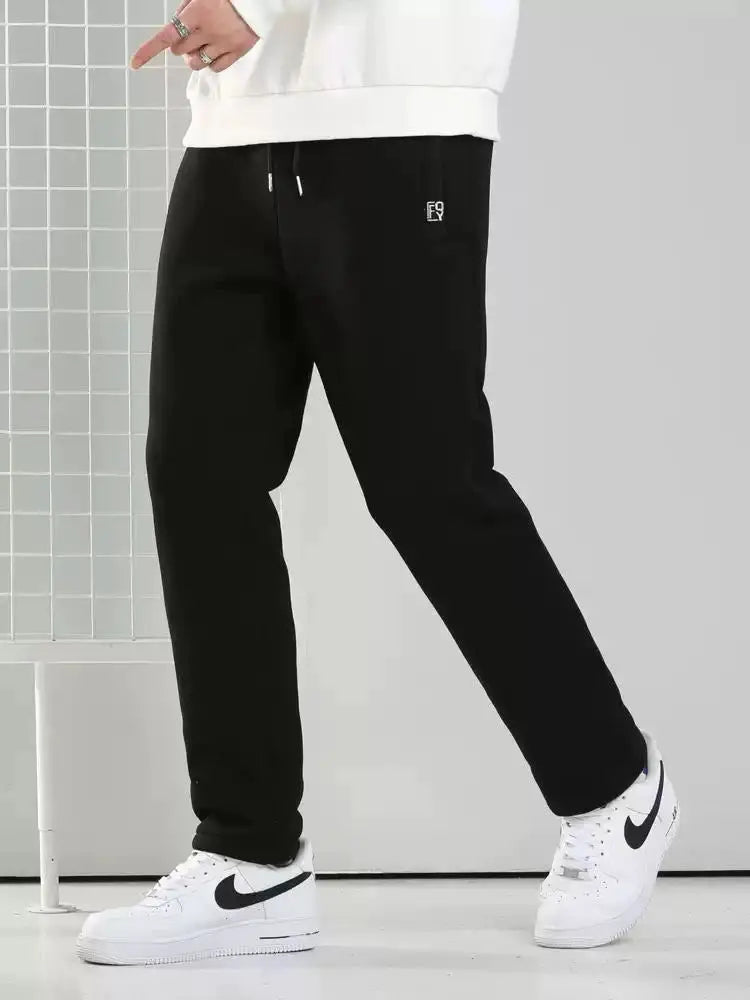 Winter men's black fleece joggers with zip pockets, cotton casual track pants; plus size 6XL–8XL