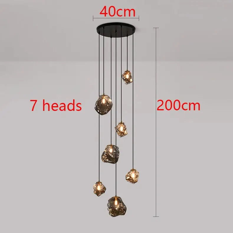 Simples Market seven-head modern pendant light with copper-toned nugget pendants and black cords, 40cm canopy.