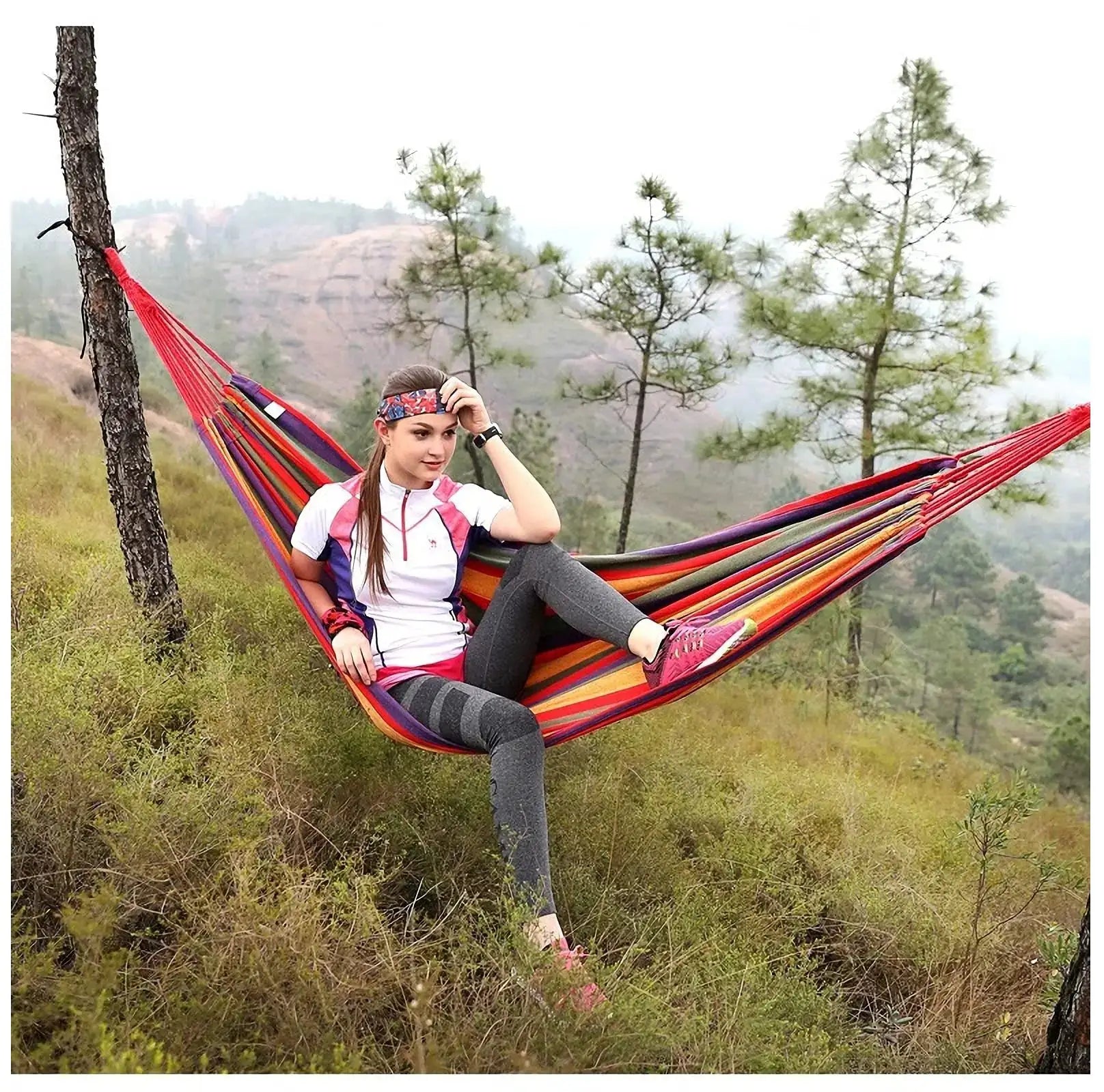 Simples Market double canvas cotton hammock with red and blue stripes and tree straps for outdoor patio or garden.
