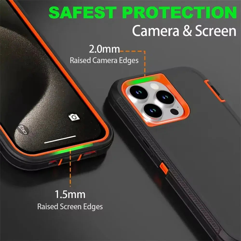 3in1 Defend iPhone case with orange trim, heavy-duty shockproof hybrid armor and raised camera/screen edges