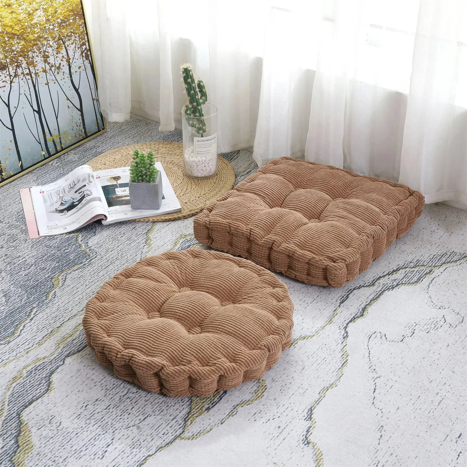 Simples Market brown tufted seat cushions set of 3, 50x50cm, ribbed fabric on woven rug.