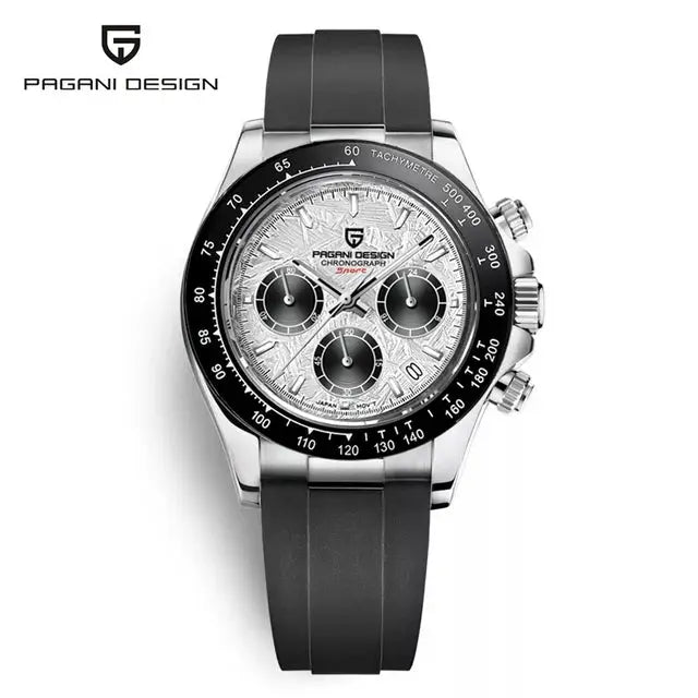 Pagani Design 40mm V2 chronograph watch with sky blue dial, stainless steel case, black rubber strap