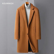 Men's camel wool long coat for winter, by Kolmakov