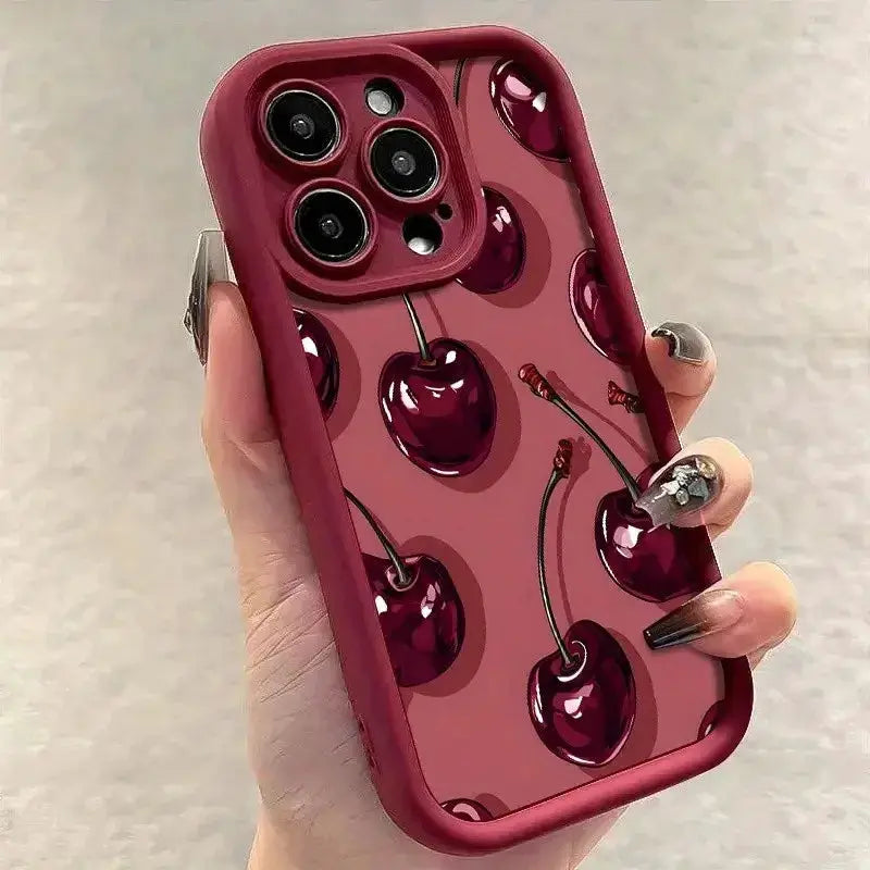 CherryLux Wine Red Cherry Print Iphone Case Soft TPU Shock Absorption For Durable Protection