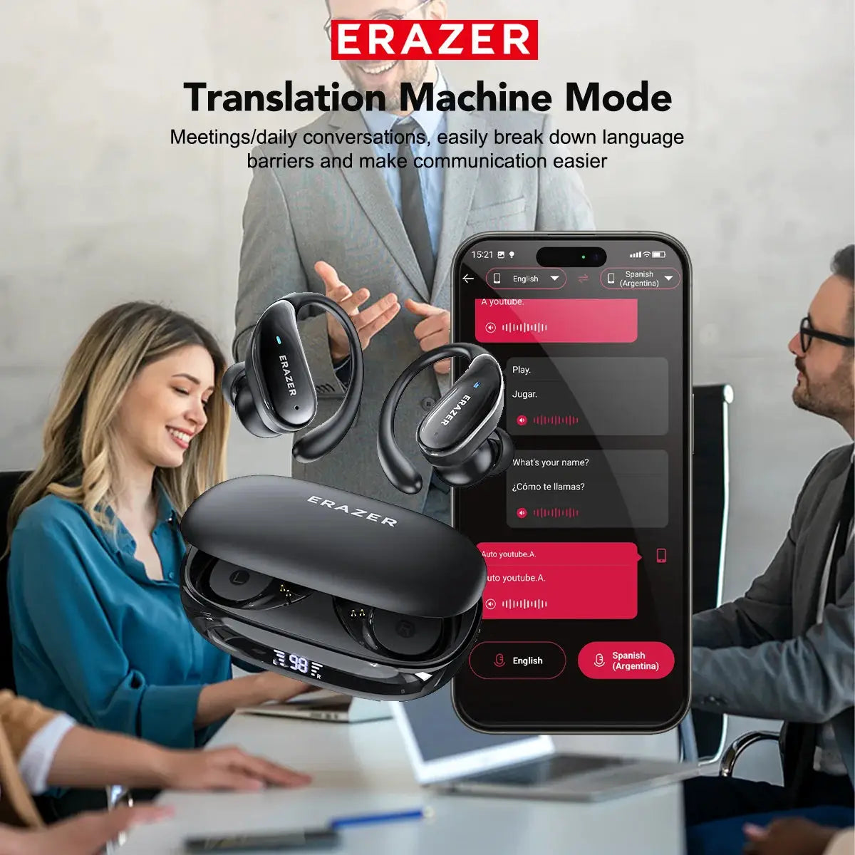 ERAZER XT80pro TWS AI Bluetooth earphones with earhooks in black charging case