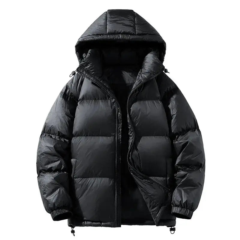 Simples Market men's black hooded down coat with zip front and thick insulation