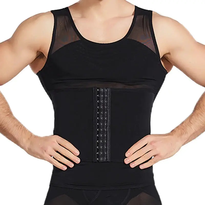 CXZD men's black waist trainer girdle with mesh panels and front hook closure