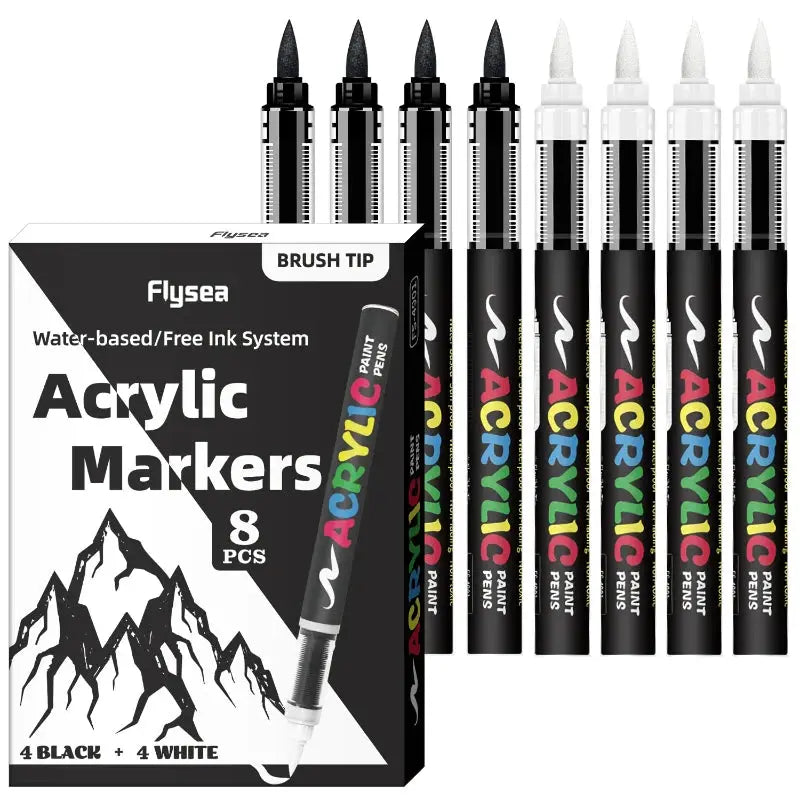 Acrylic Markers 8pcs set by Simples Market; black and white markers with large ink capacity for illustration on wood and glass