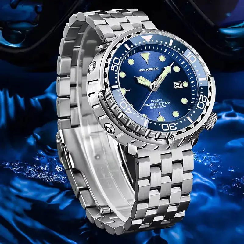 FOXBOXE quartz men's watch with blue dial, steel bezel and stainless steel bracelet, date display