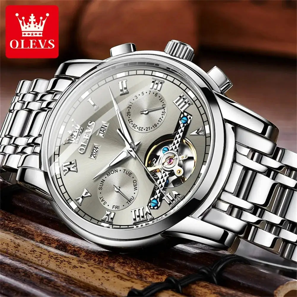 OLEVS skeleton stainless steel wristwatch with flywheel and dual calendar