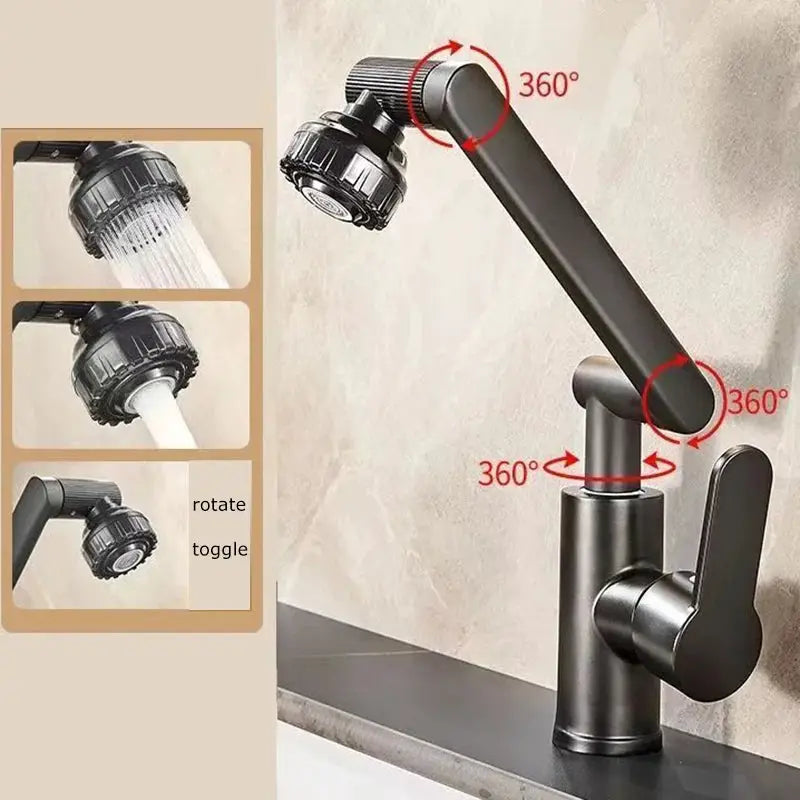 Simples Market dual-mode rotating faucet with robotic arm, black finish, 360° swivels for kitchen sink.