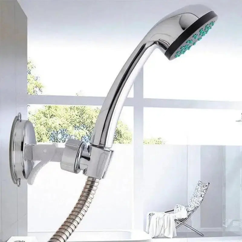 Adjustable handheld shower head with chrome finish, suction-cup wall mount and flexible hose