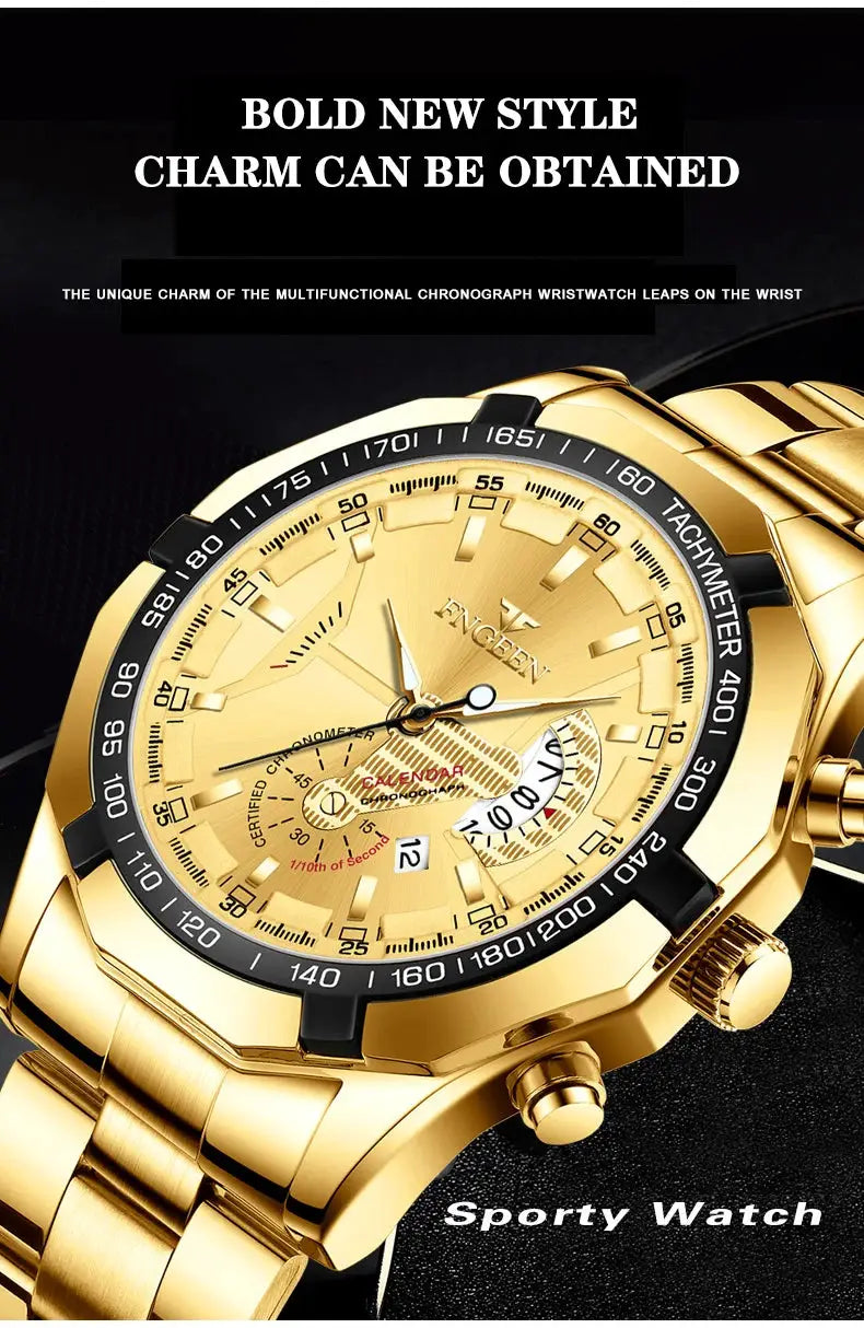 Men's gold stainless steel quartz wristwatch with black tachymeter bezel, date window and luminous hands