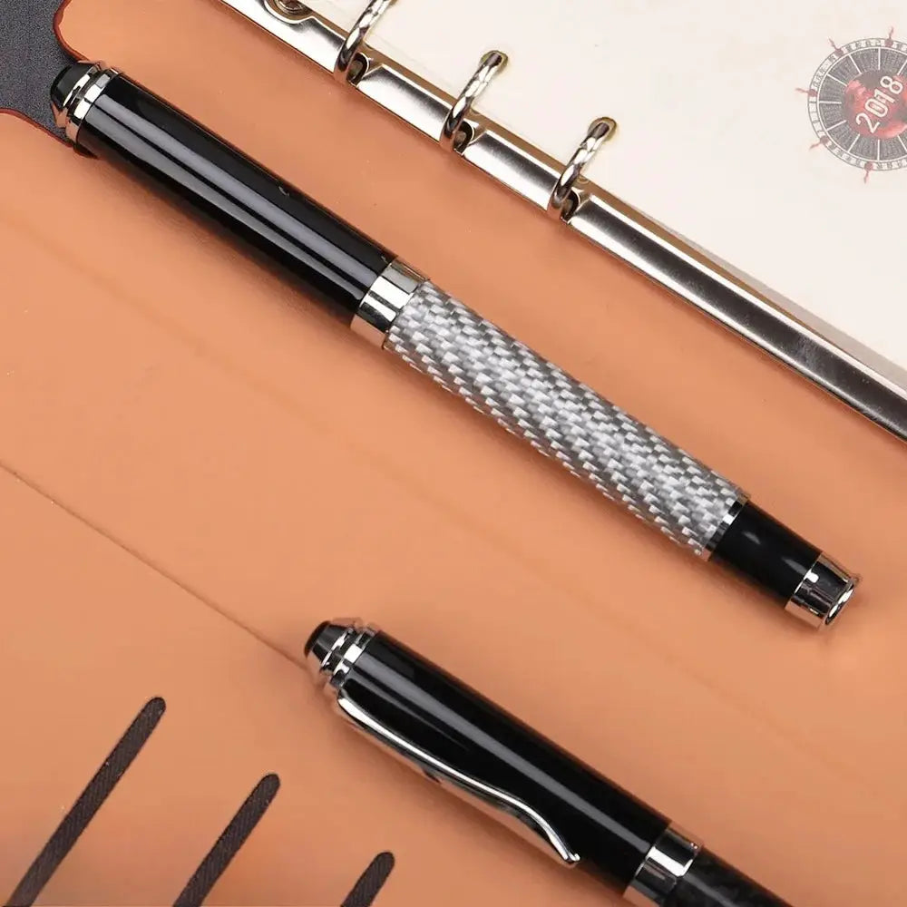 Carbon Fiber Signature Pen; textured grip, premium metal gel ink, 0.5mm micro point, black ink, two pens.