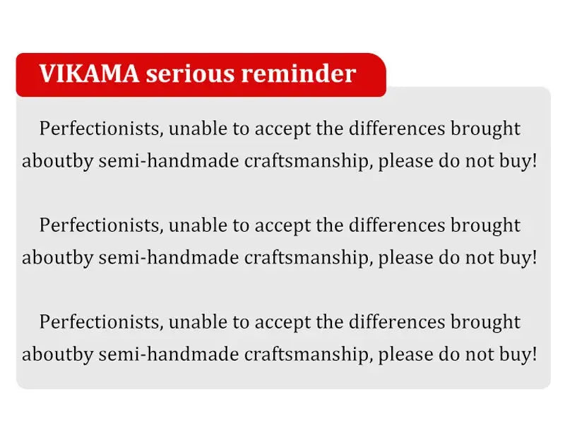 VIKAMA serious reminder banner with red badge over grey text panels about handmade craftsmanship; Simples Market.