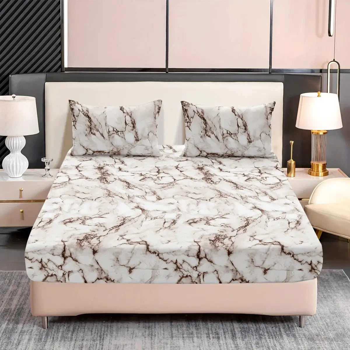 Simples Market 3-piece marble print fitted sheet set; white with brown veining, two pillowcases, ultra-soft microfiber