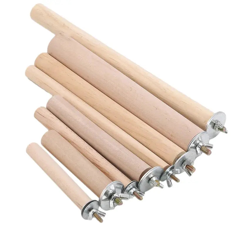 Natural wooden parrot perches set with metal mounting discs, 9 pieces for bird cages