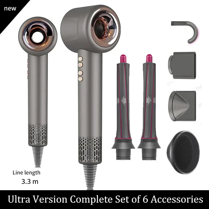 Gray Super Hair Dryer 220V with negative ion technology; complete 6-accessory kit for home use and 3.3 m cord