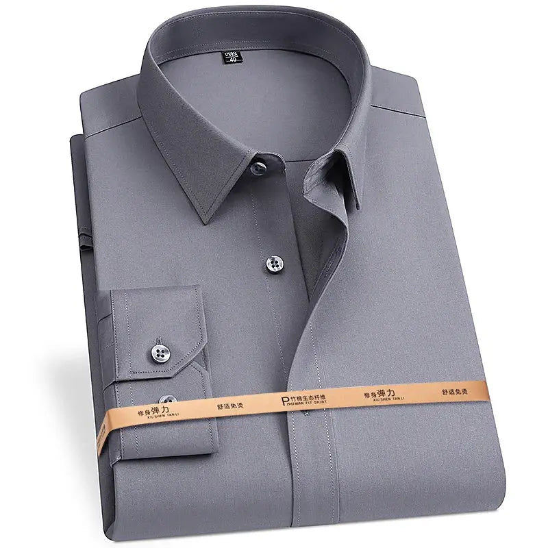 Bamboo fiber men's long sleeve shirt, folded grey shirt with button front and packaging band.