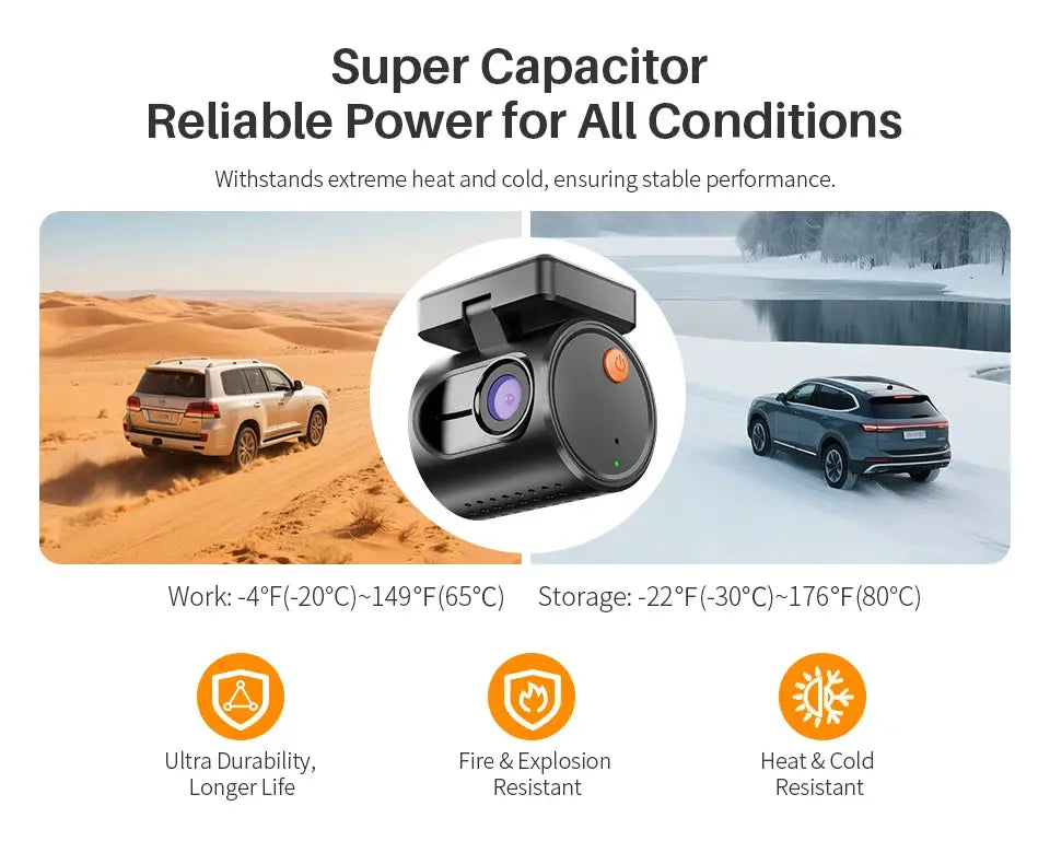 KAWA MINI 3 Gen2 dash cam by Simples Market; 2K WiFi, App/Voice control, night vision, car DVR with desert and snowy road scenes