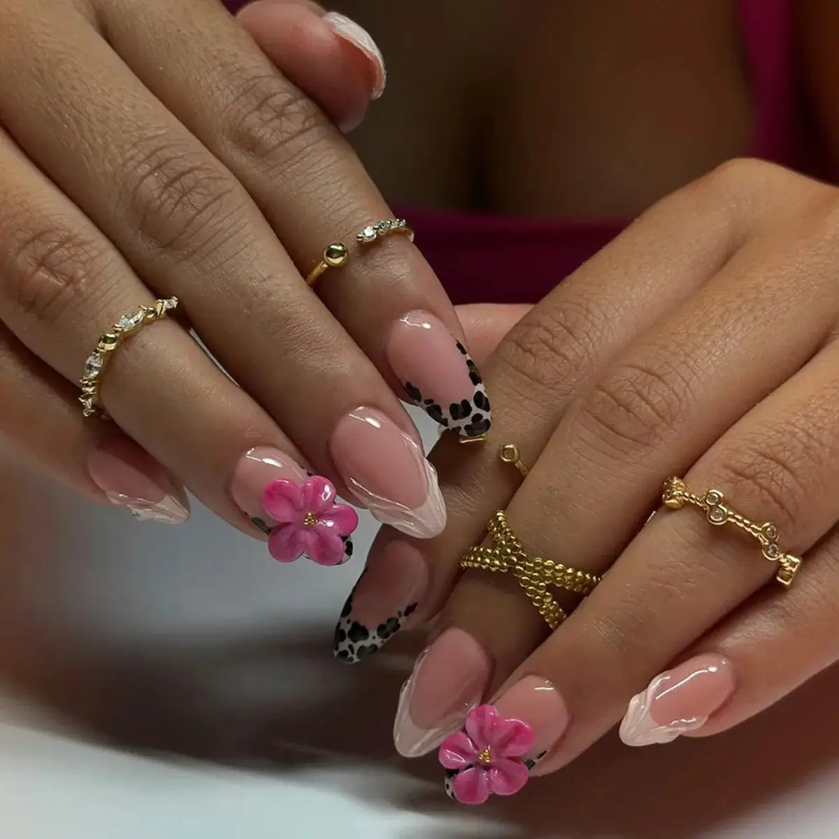 GlamNail Pink Almond Press On Nails Full Coverage Carved Flower 3D Ripple French Tips Golden Pearl Finish