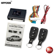 Car remote keyless entry system with alarm; HIPPCRON black module, wiring harness, two remotes, manual, 1-year warranty