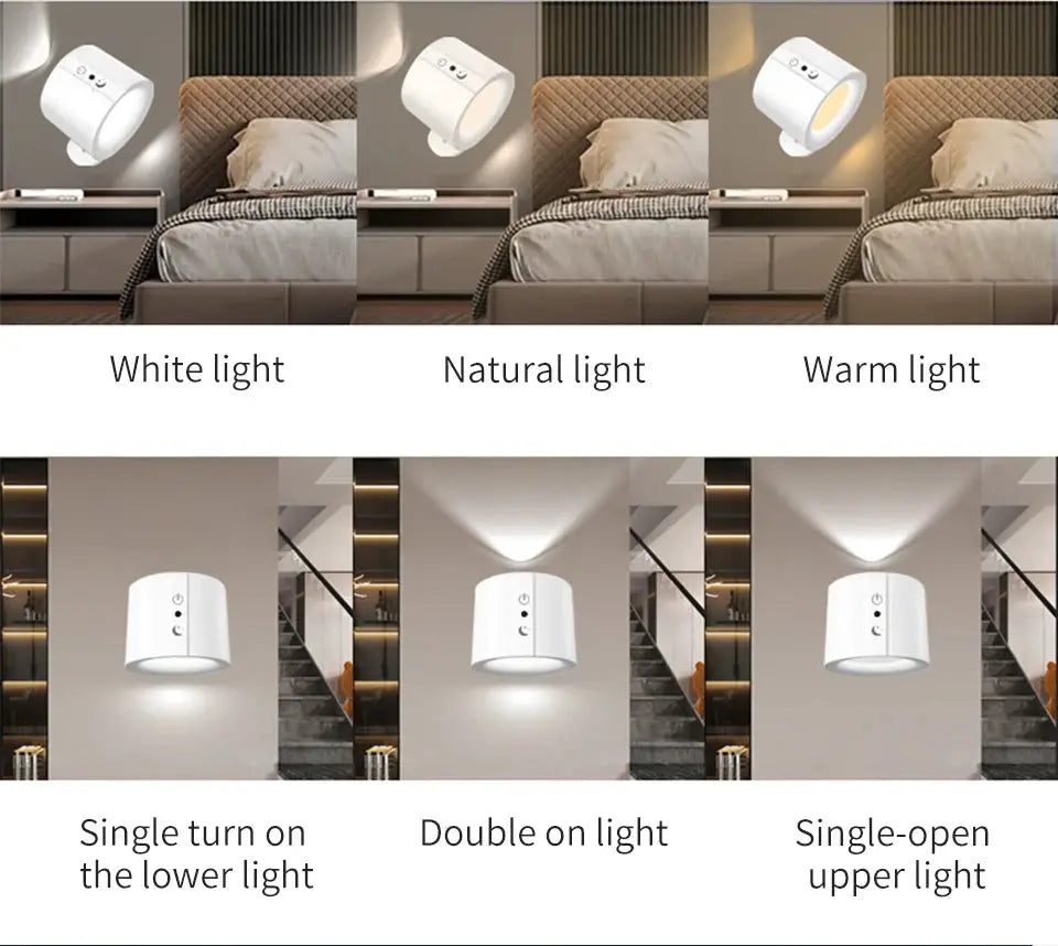Simples Market LED wall sconce with double heads, touch control, 360° rotation, 3 color temps for bedroom.