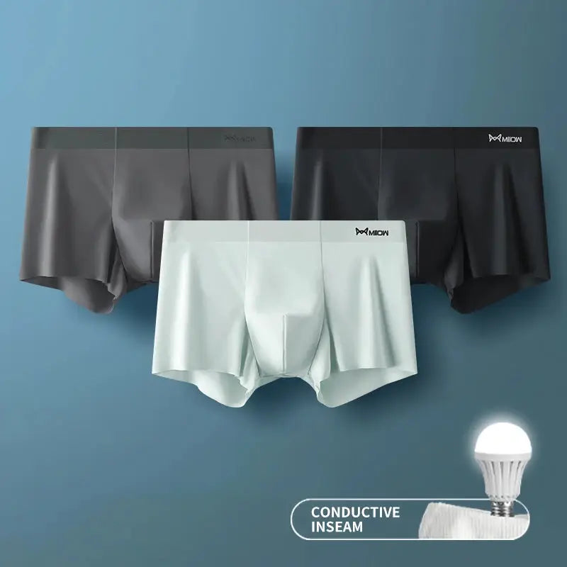 MIIOW 3-pack ice silk antistatic men's boxer underwear set in gray/black/white with seamless cut hems