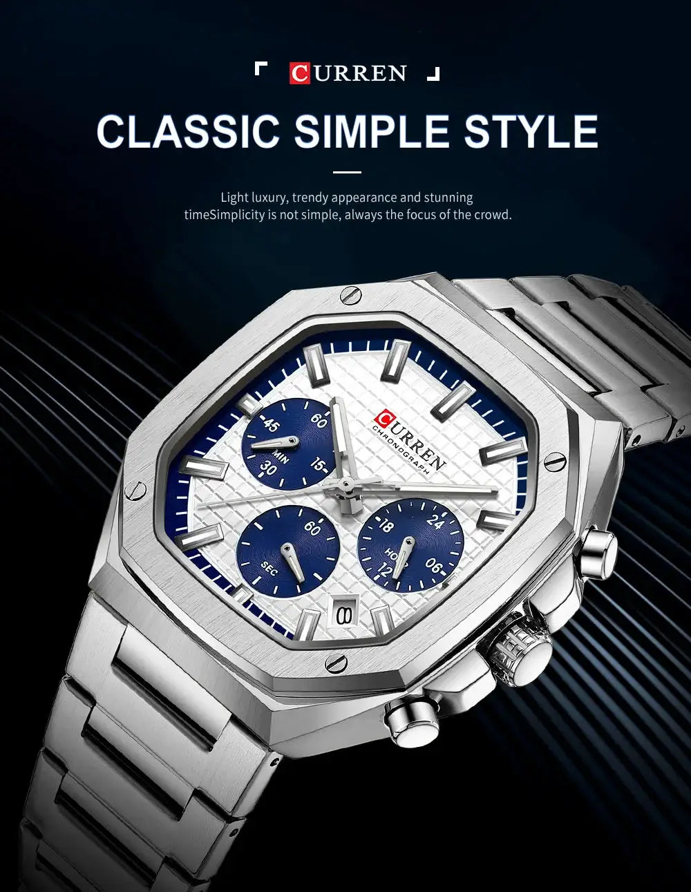 CURREN men's square stainless steel chronograph watch with blue subdials and date