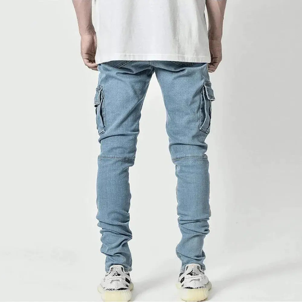 Street Elastic Jeans Men Denim Cargo Pants in light blue wash with multiple cargo pockets