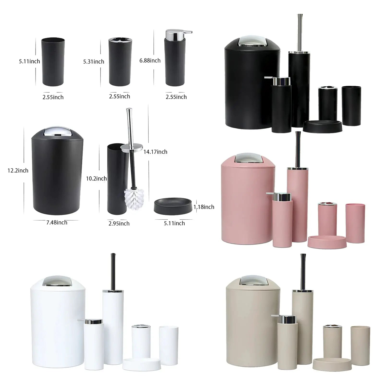 6-piece bathroom accessories set by Simples Market in black, white, pink and beige