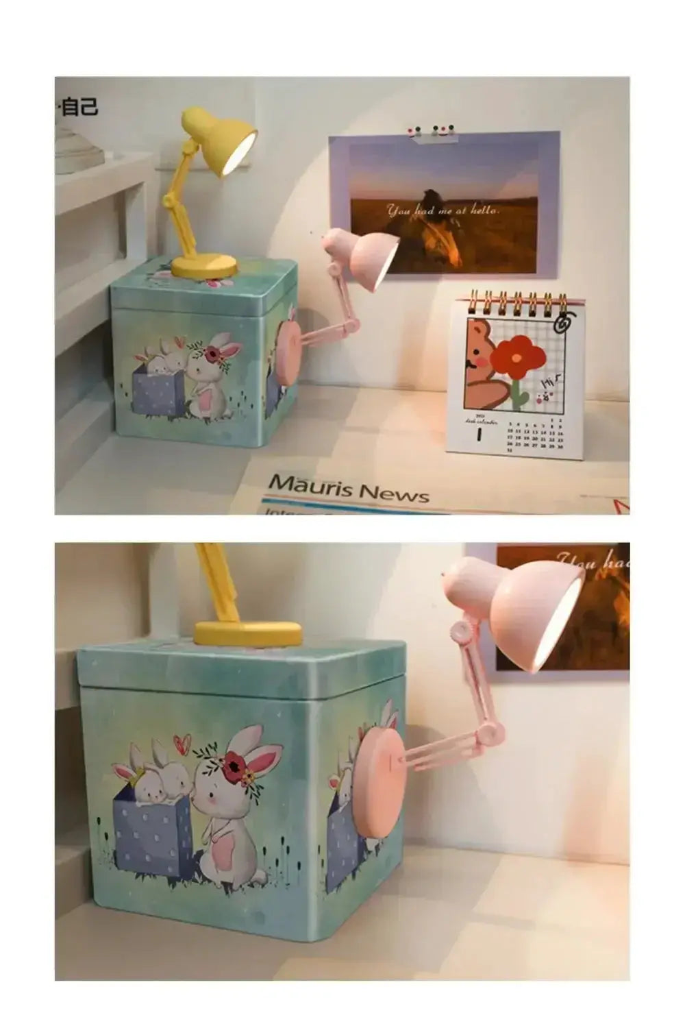 Mini clip-on LED book light with foldable pink arm on pastel teal tin; two lamps visible pink and yellow in background.