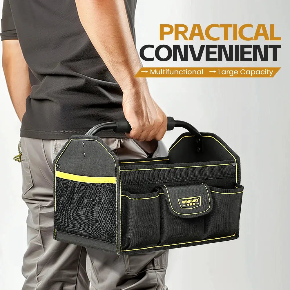 WINHUNT tote bag in black with yellow trim, 10-pocket wide-mouth tool bag for tool organization