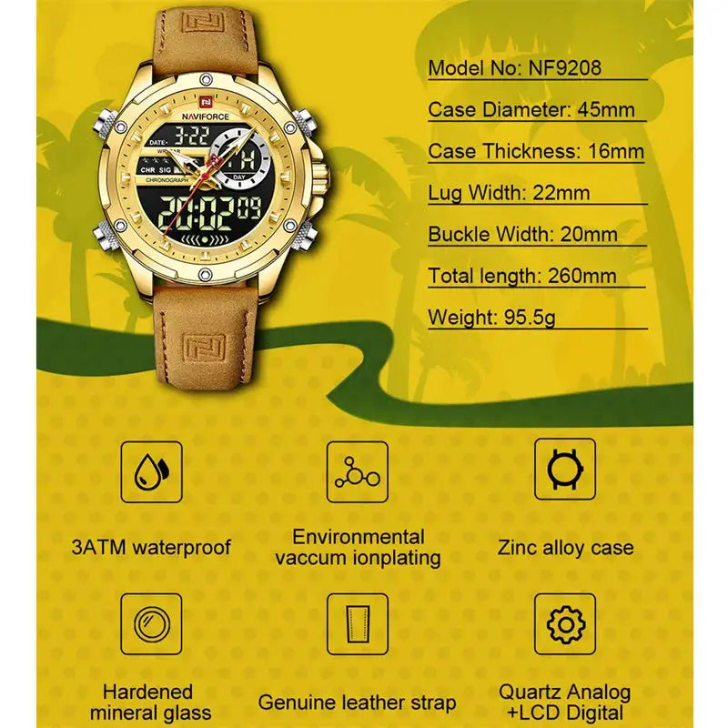 NAVIFORCE men's luxury watch with gold-tone case and brown leather strap, analog-digital chronograph