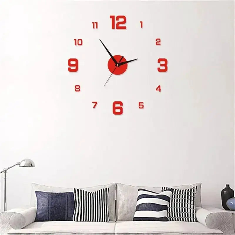 Digital wall clock with luminous red numerals, bold 12 at center, modern home decor on white wall.