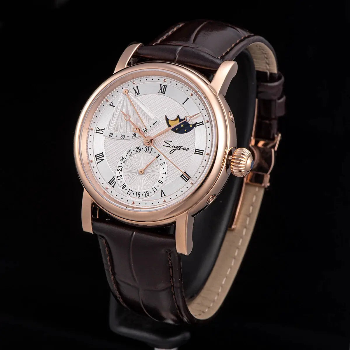 Sugess Moonphase men's watch with rose-gold case and brown leather strap featuring moonphase dial.