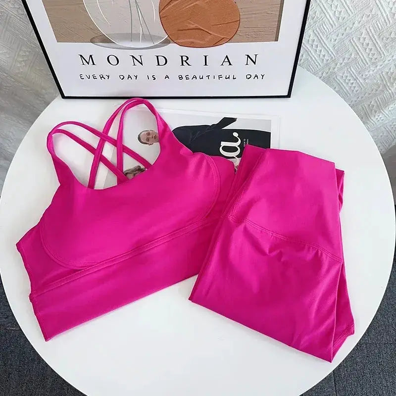 ZenFlex 2 Piece Yoga Set Breathable Cross Back Top And Peach Yoga Pants Nylon Elastane Comfort