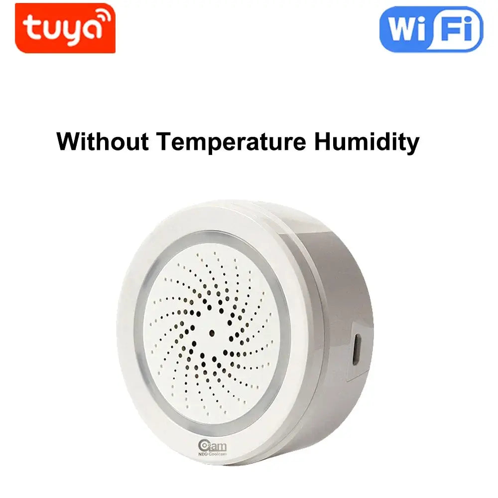 Tuya WiFi siren alarm, white circular speaker with perforated grill