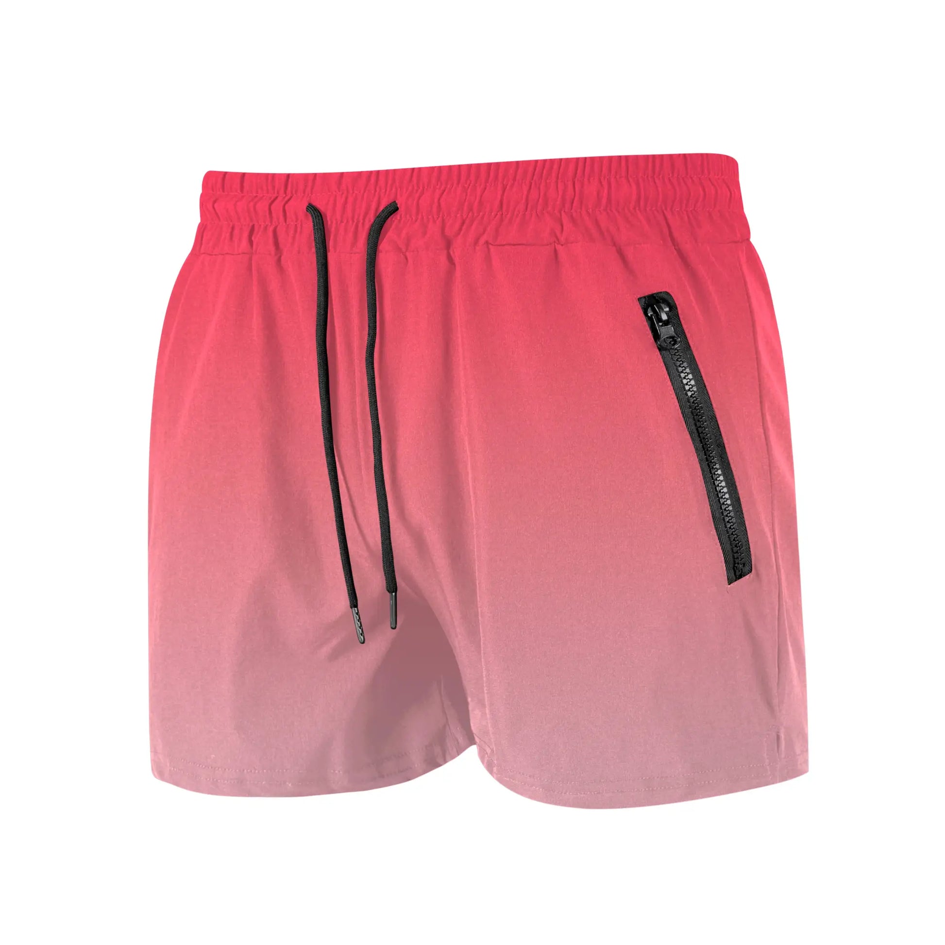 Men's pink swim shorts with black drawstrings and a zip pocket