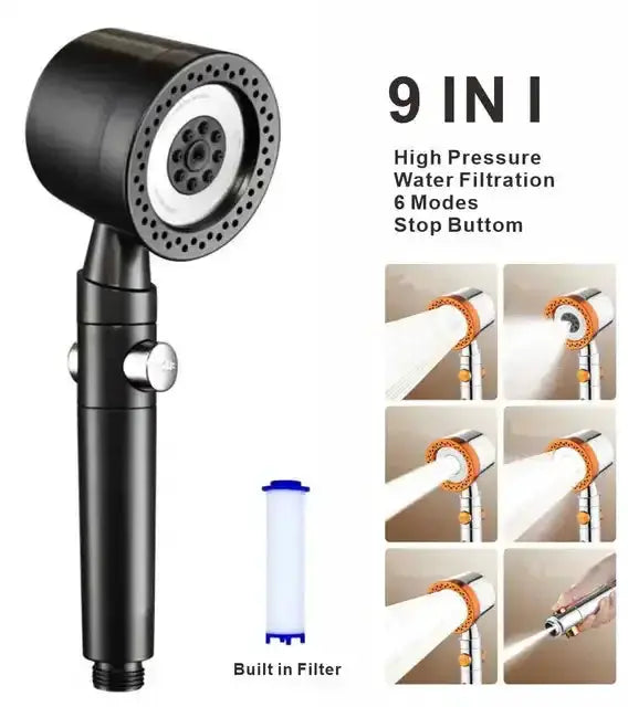 Simples Market black 9-in-1 shower head with built-in filter, stop button, and adjustable spray modes
