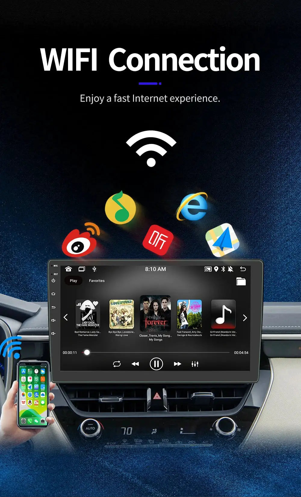 BQCC 4core 2-DIN Android car radio with Android Auto/CarPlay, 7/9/10in IPS WiFi BT multimedia player