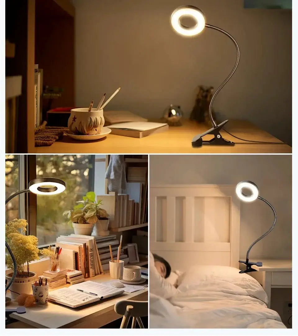LED desk clip lamp with flexible neck and circular ring light, black clip-on design