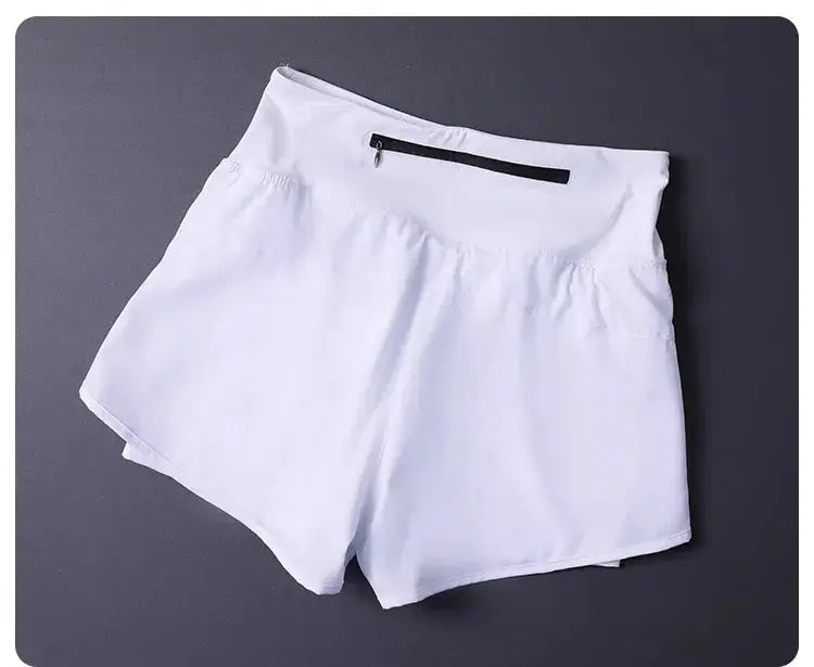 Women's white 2-in-1 athletic shorts with zip pocket and split-side design, lightweight breathable fabric
