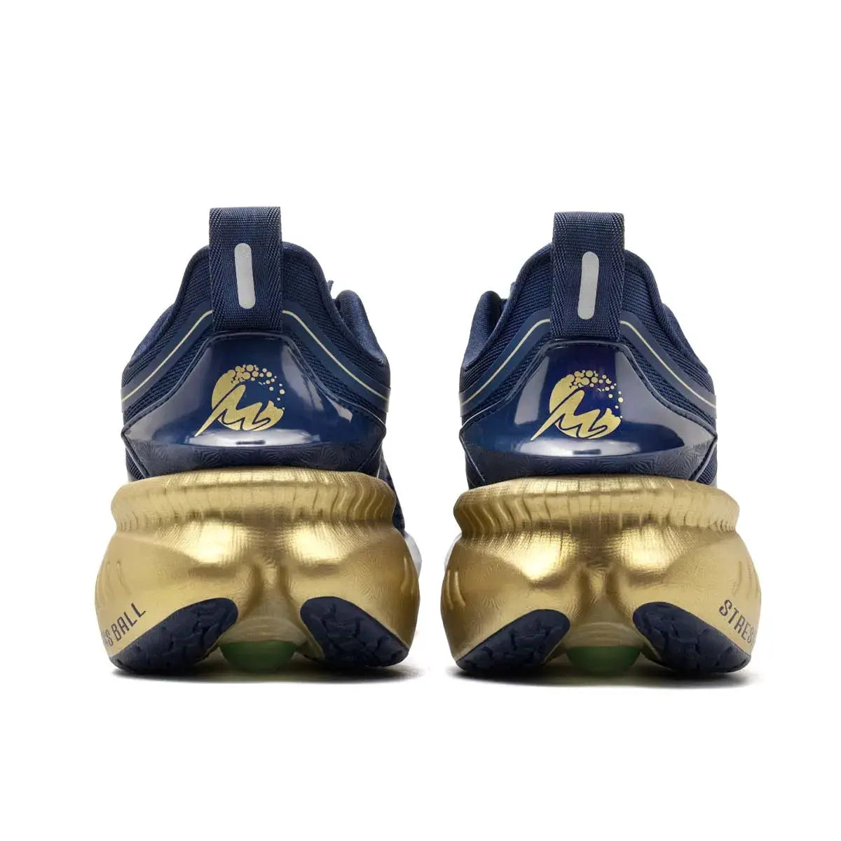ONEMIX navy blue mesh sports shoes, gold sole, pair shown from rear with pull tabs and brand logo.