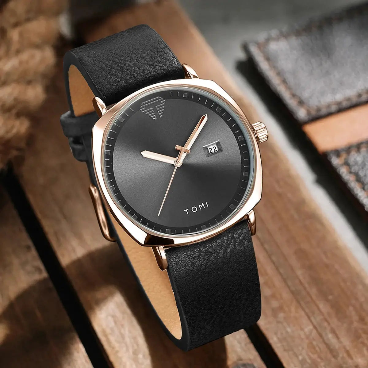 TOMI men's minimalist quartz watch with black dial, rose-gold case, leather strap, date window