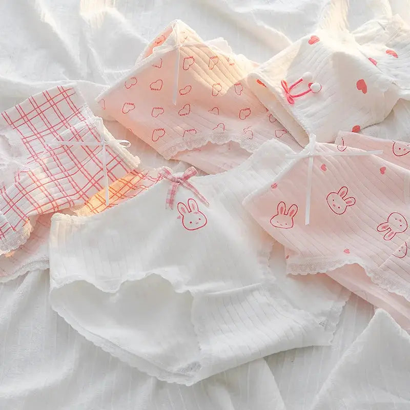 5Pcs cotton underwear set, Simples Market; pastel pink/white briefs with bunny prints and lace trim