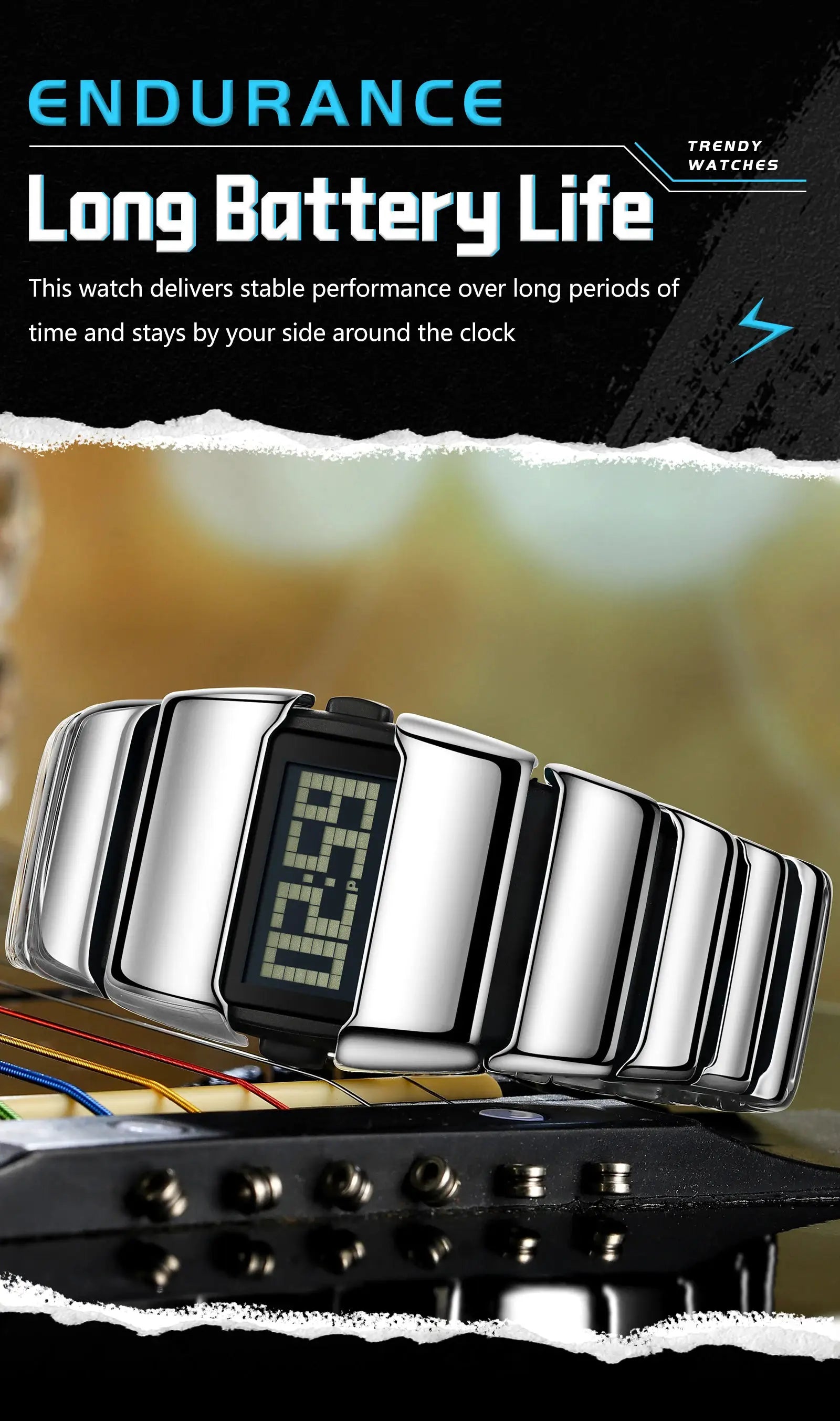 POEDAGAR digital LED men's watch with stainless steel bracelet, sporty design and rugged style