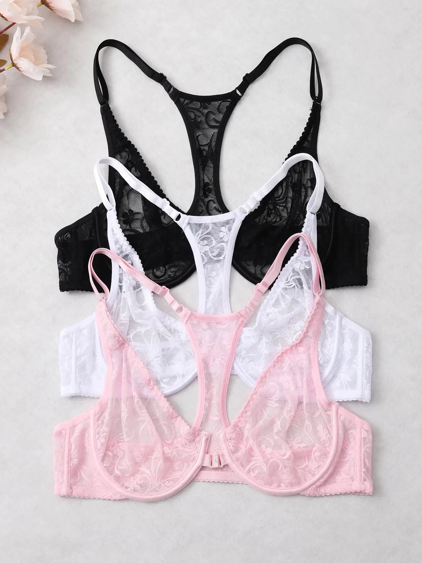 Simples Market lace sheer bras for women in black, white and pink (3-pack) with floral lace