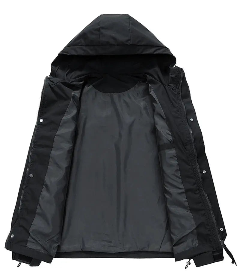 Windbreaker hooded jacket for men, black waterproof softshell with gray lining.