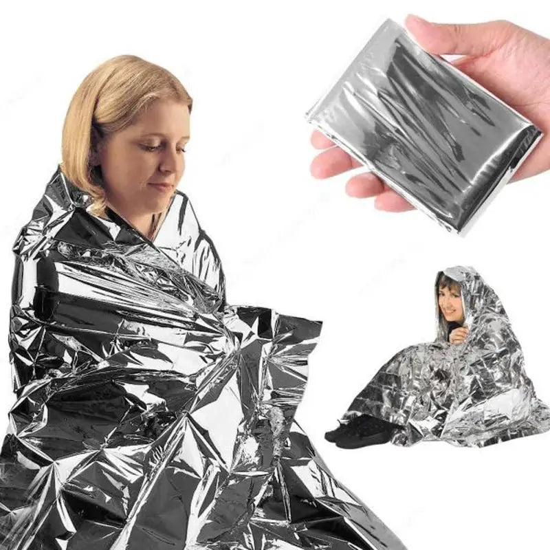 Emergency Mylar thermal blanket; shiny silver heat-retaining wrap for outdoor survival (2-pack shown)